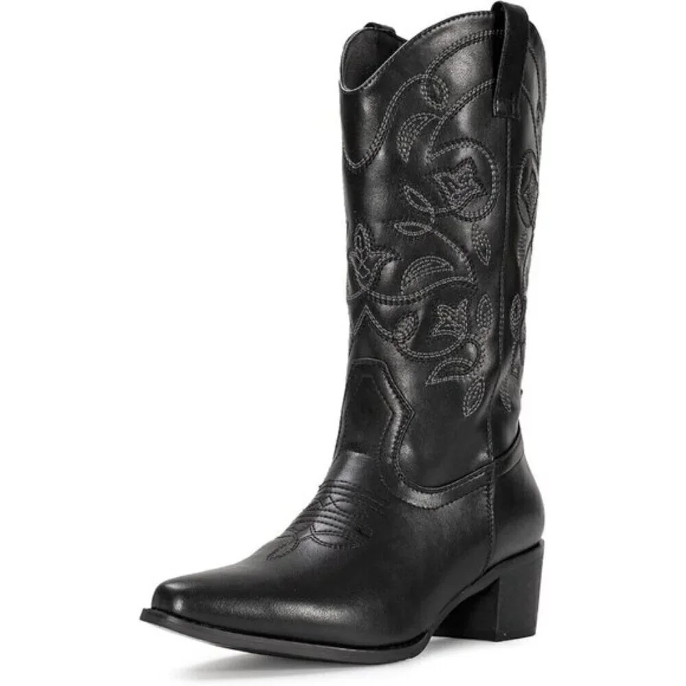 ⭐ IUV Women's Cowboy Boots | Western Embroidered Pointy Toe Mid-Calf Boots